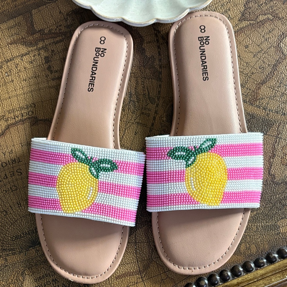 Lemon Beaded Slide Sandals
